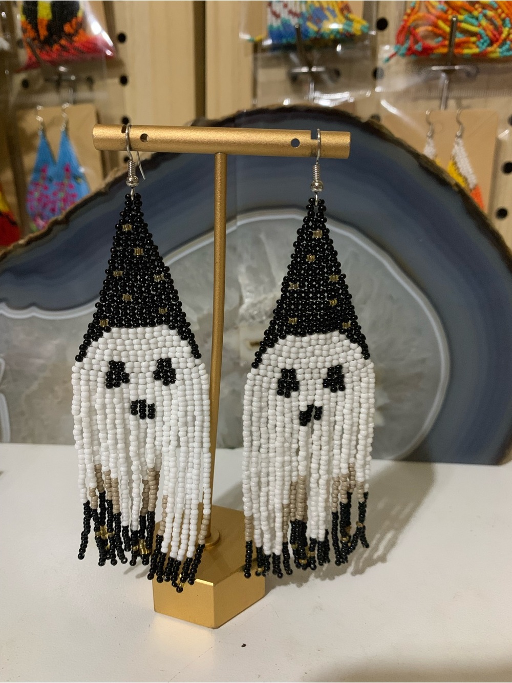 Beaded Black and White Ghost Fringe Earrings -